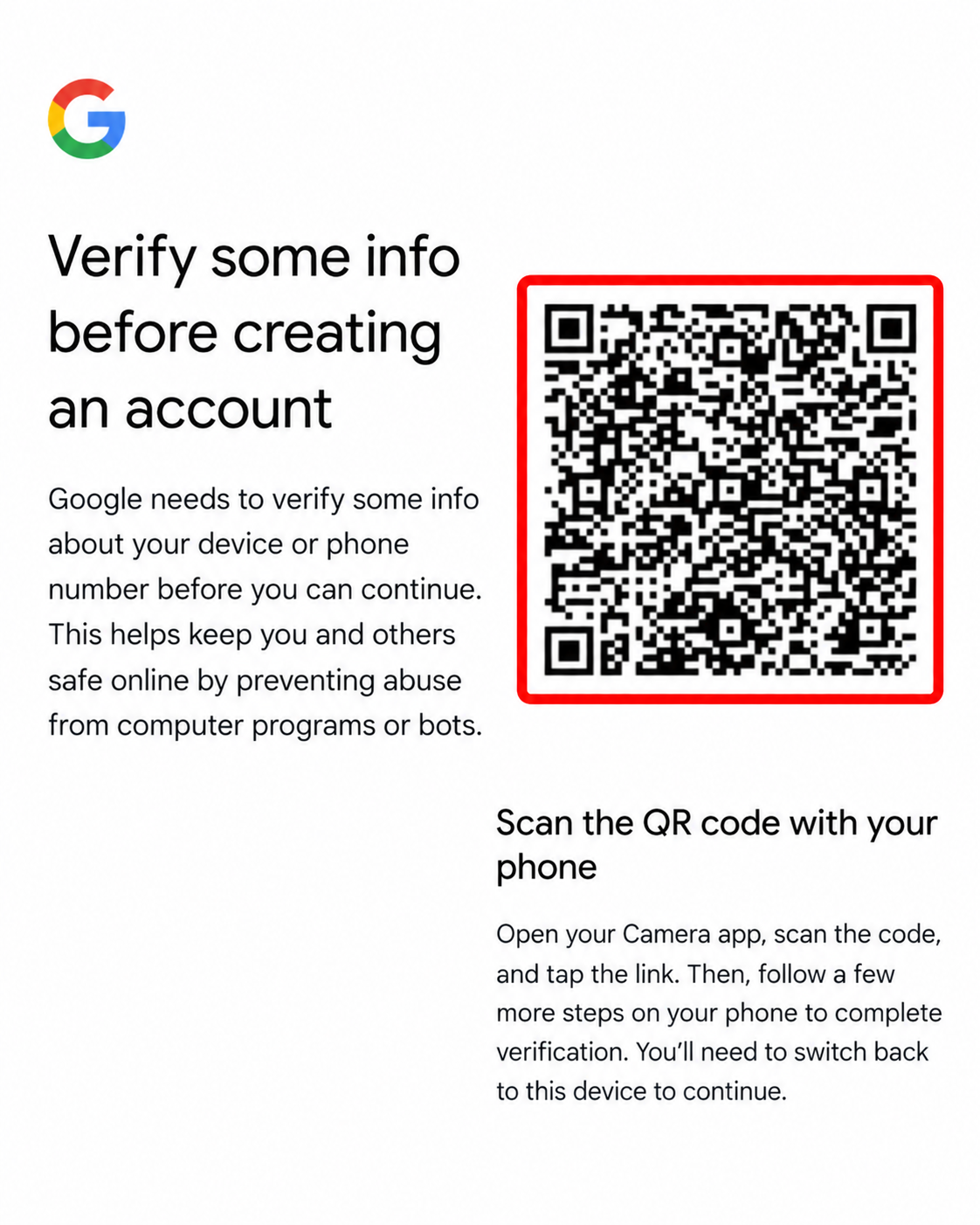 صفحه تأیید حساب گوگل با QR Code برای Verify