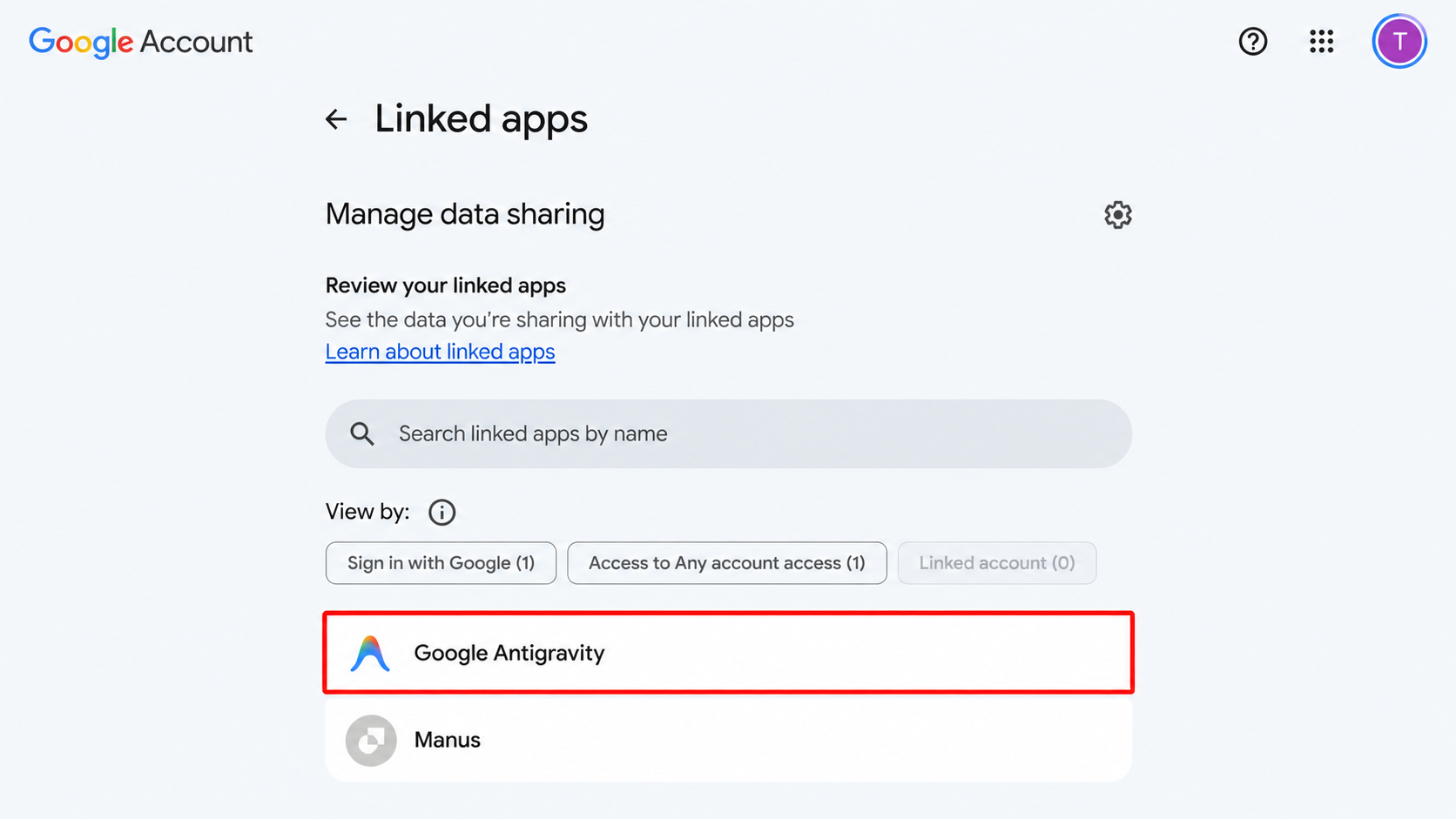 صفحه برنامه‌های متصل گوگل و Google Antigravity