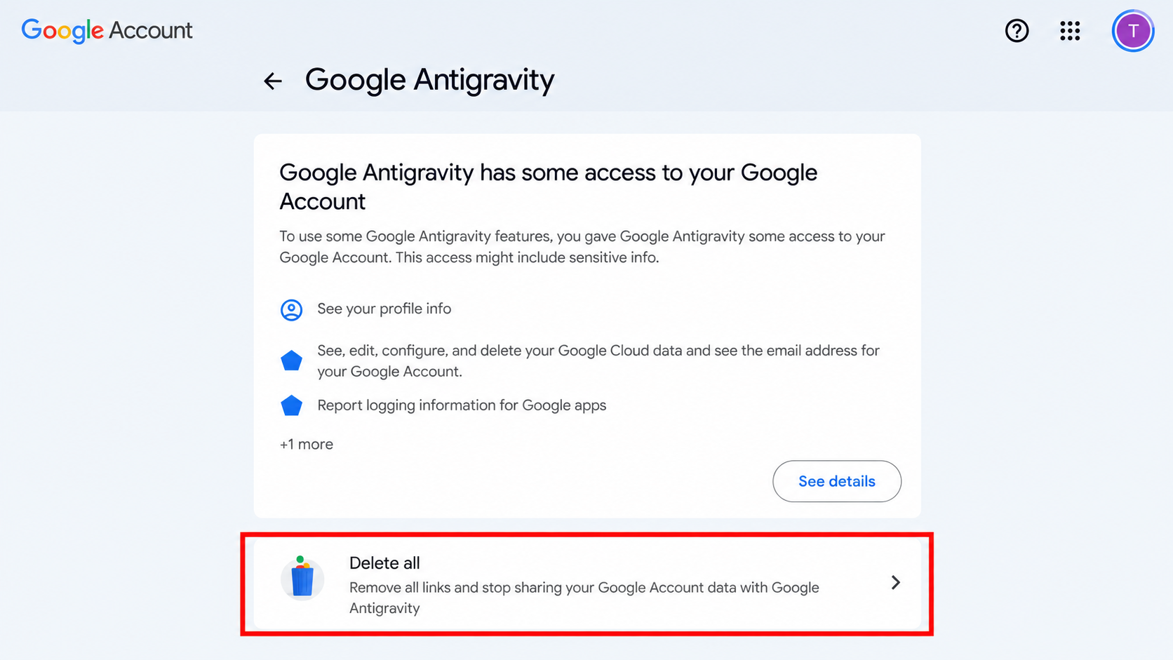 حذف دسترسی Google Antigravity از حساب گوگل